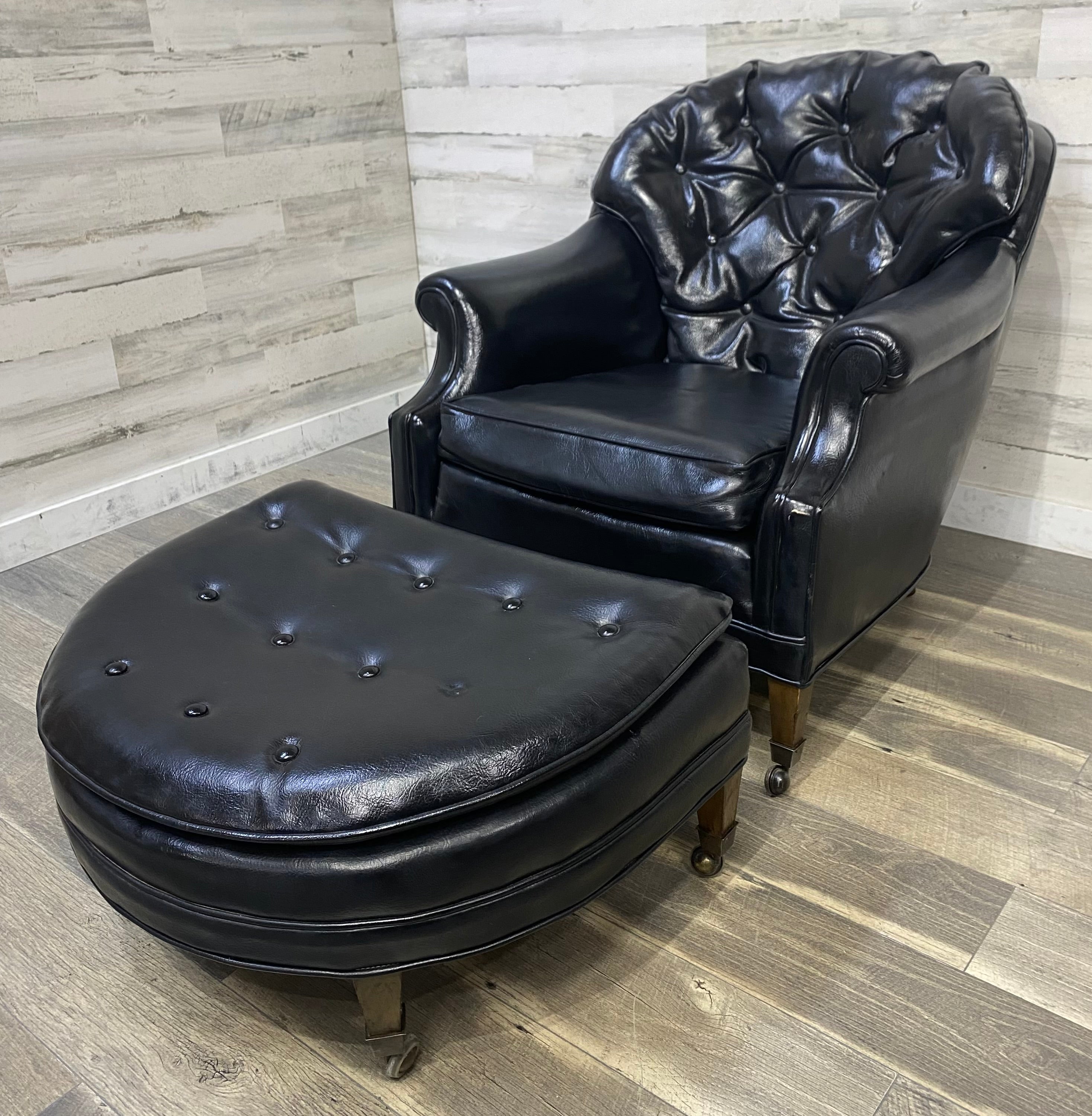 Mid Century Black Tufted Chair & Ottoman